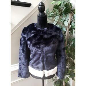 Saks Fifth Avenue Faux Fur Jacket Women's XS Purple White Lined Hook & Eye Front